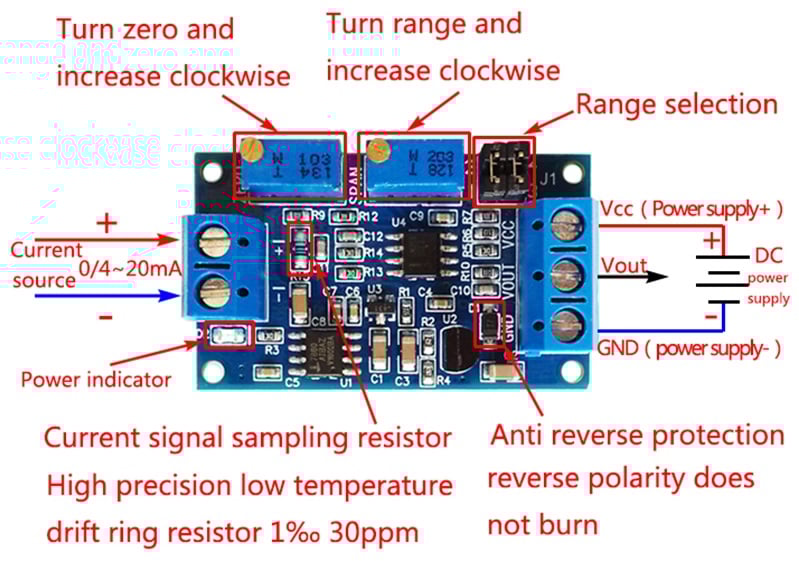 Mạch chuyển tín hiệu dòng áp Current to Voltage 04-20mA to 0-3.3V5V10V HW-685