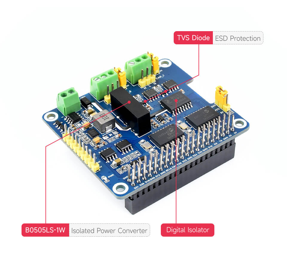 Waveshare 2-Channel Isolated CAN Bus Expansion HAT For Raspberry Pi, 2-CH CAN HAT+