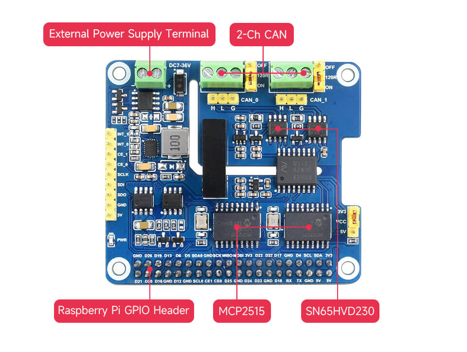 Waveshare 2-Channel Isolated CAN Bus Expansion HAT For Raspberry Pi, 2-CH CAN HAT+