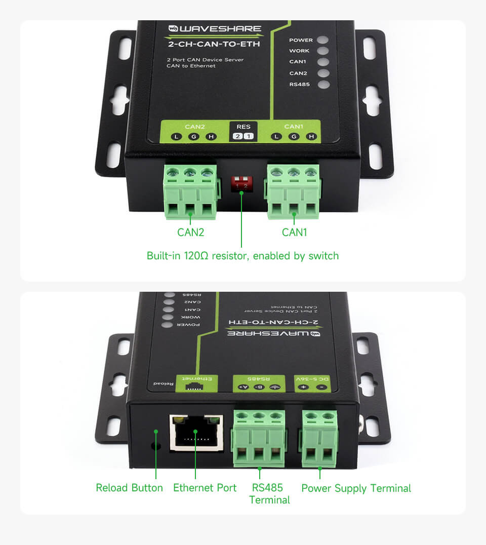 Bộ chuyển Waveshare Industrial Grade 2-Ch CAN To Ethernet Server