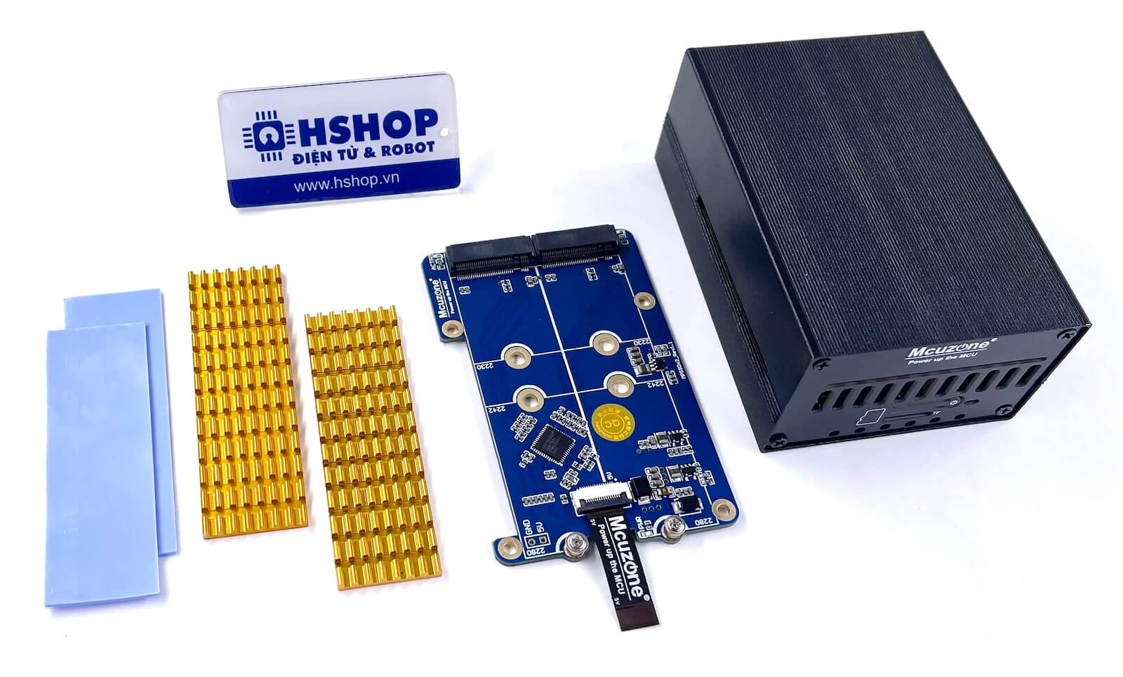 Mạch Raspberry Pi 5 PCIe to Dual M.2 NVMe PCIe SSD Adapter Board with Metal Case Mcuzone