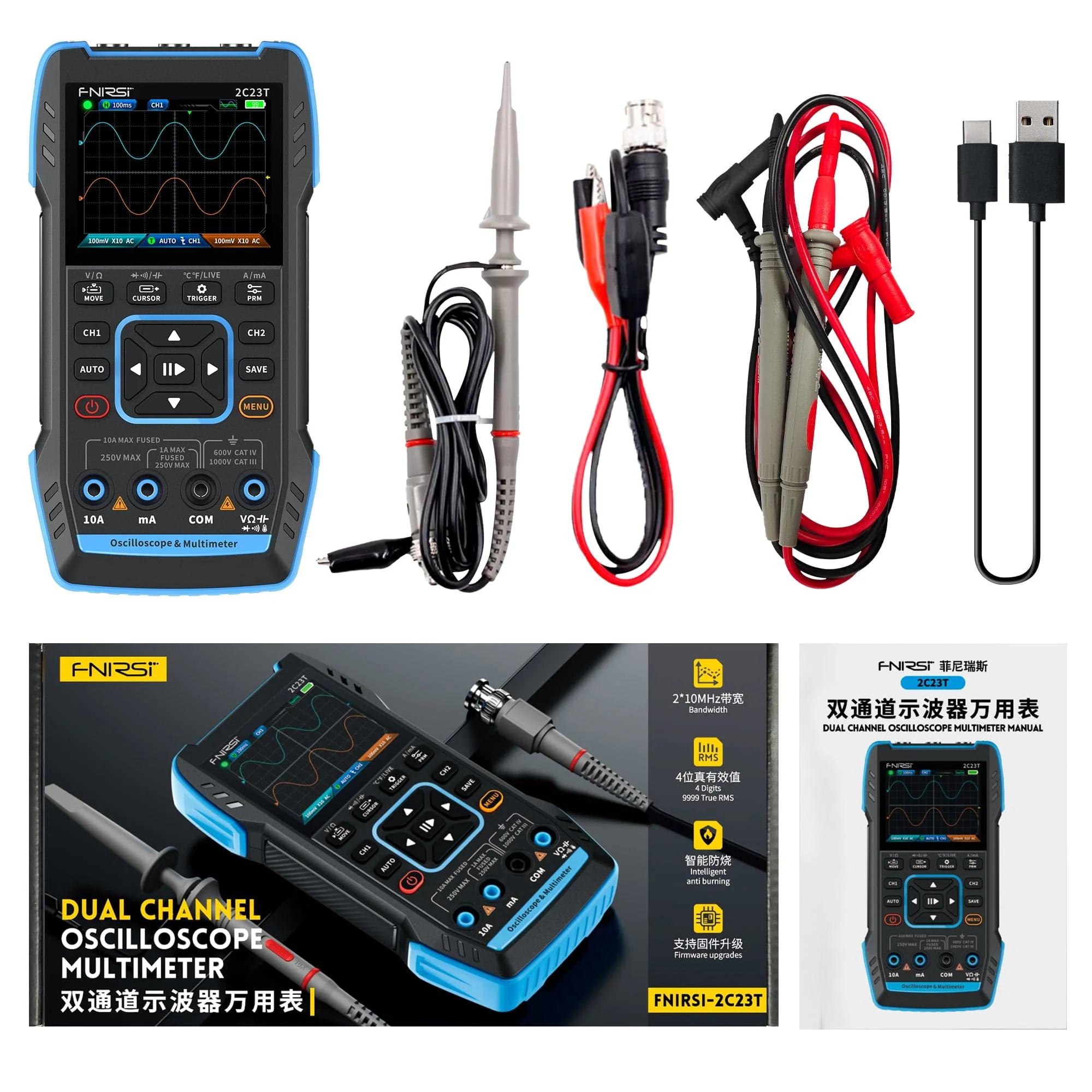 Máy đo hiện sóng FNIRSI® 2C23T Handheld Oscilloscope + Digital Multimeter + DDS Generator