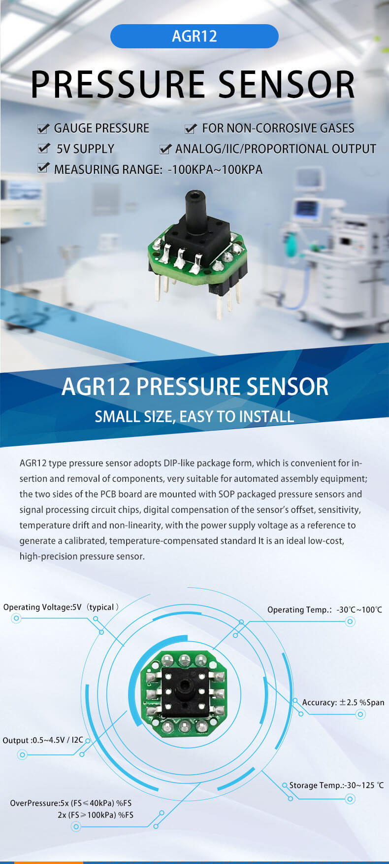 Cảm biến áp suất không khí I2C AGR12 Pressure Sensor 0~100kPa ASAIR