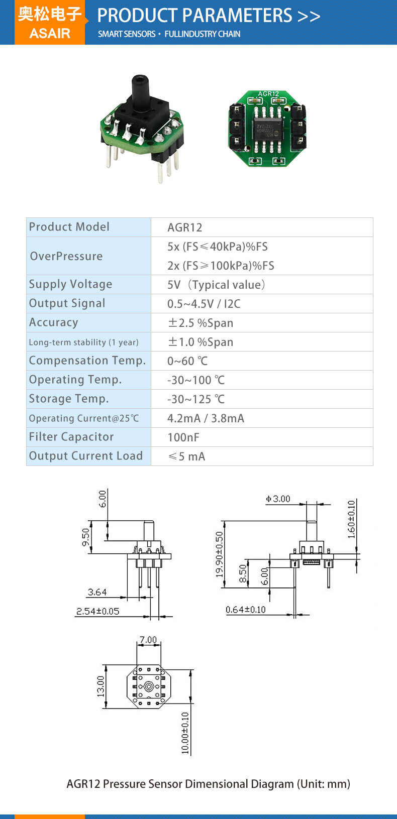Cảm biến áp suất không khí I2C AGR12 Pressure Sensor 0~100kPa ASAIR