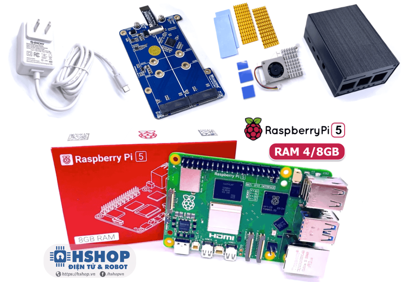 Combo Raspberry Pi 5 RAM 4/8GB sử dụng ổ cứng Dual SSD M.2 NVME PCie - Mcuzone Adapter