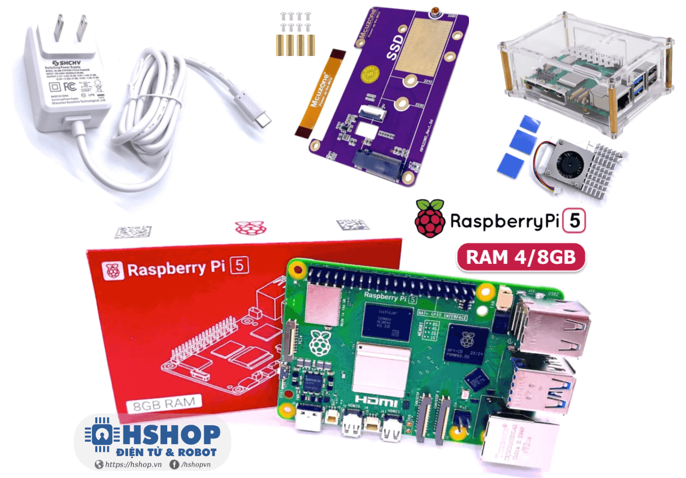 Combo Raspberry Pi 5 RAM 4/8GB sử dụng ổ cứng SSD M.2 NVME PCie - Mcuzone Adapter
