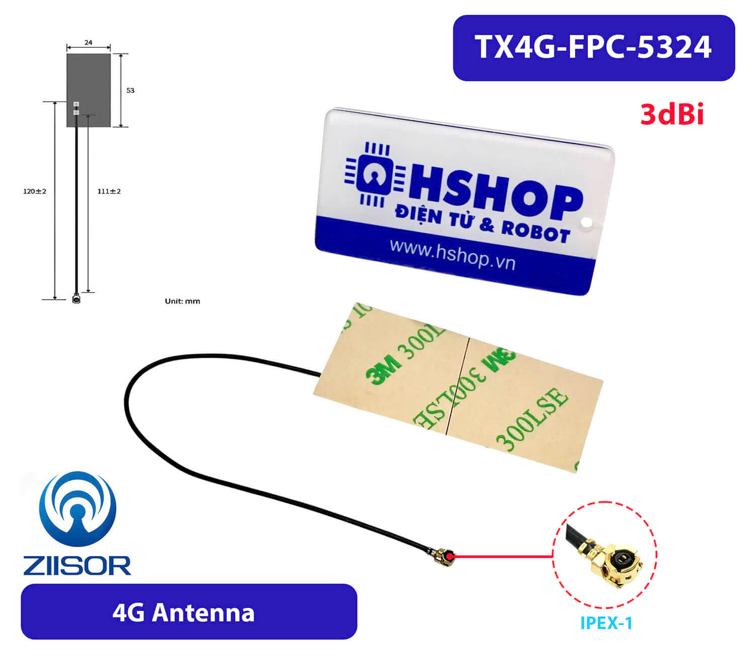 Anten 4G 3dBi 53*24mm FPC Ipex TX4G-FPC-5324 Antenna Ziisor