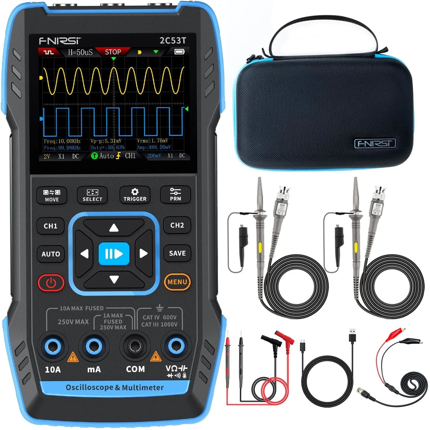 Máy đo hiện sóng FNIRSI® 2C53T Handheld Oscilloscope + Digital Multimeter + DDS Generator