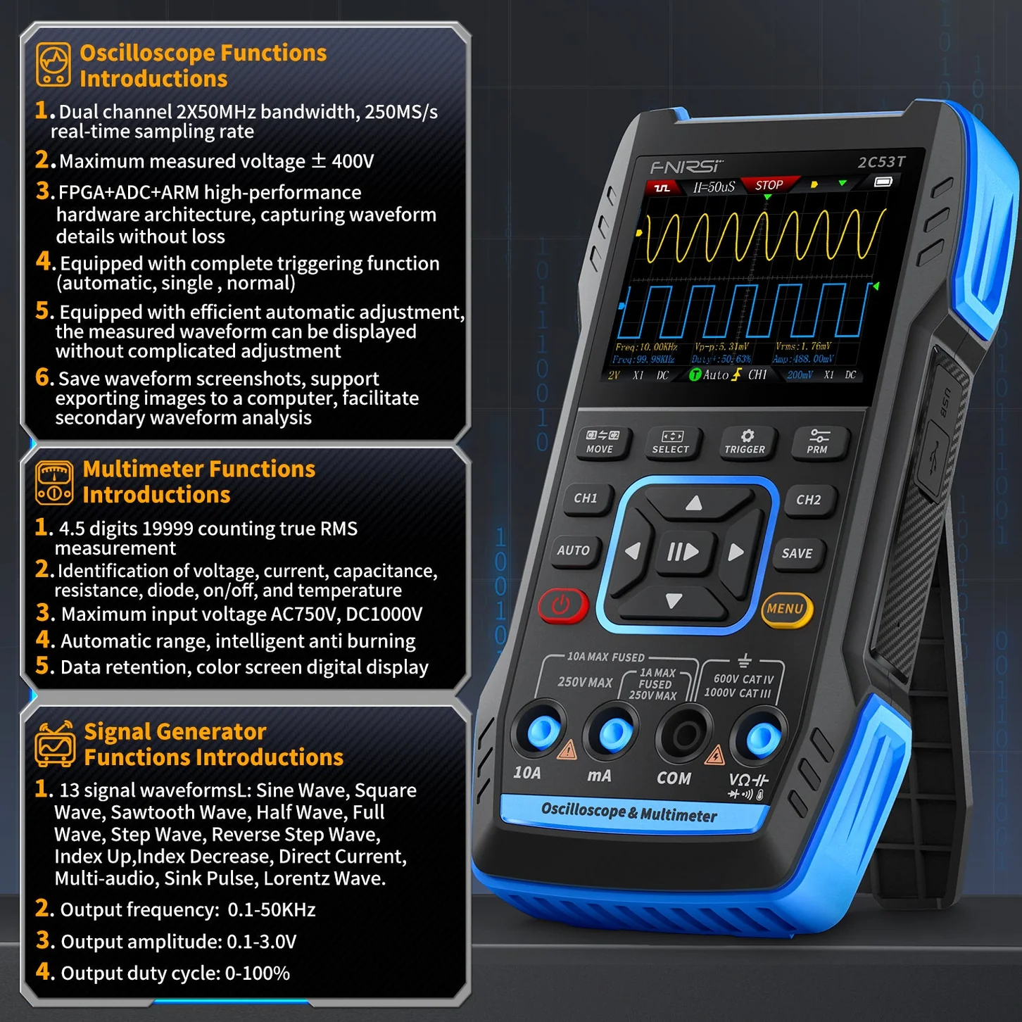 Máy đo hiện sóng FNIRSI® 2C53T Handheld Oscilloscope + Digital Multimeter + DDS Generator