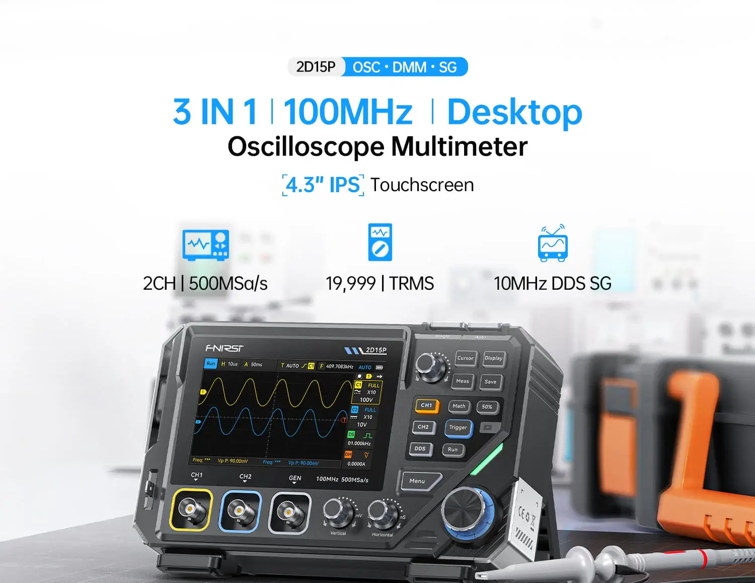 Máy đo hiện sóng FNIRSI® 2D15P 3-in-1 Benchtop 2CH 100MHz Phosphor Oscilloscope Multimeter