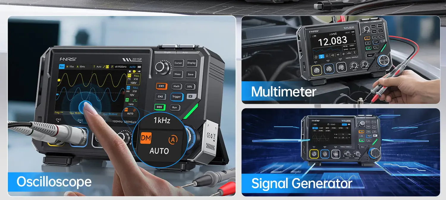 Máy đo hiện sóng FNIRSI® 2D15P 3-in-1 Benchtop 2CH 100MHz Phosphor Oscilloscope Multimeter