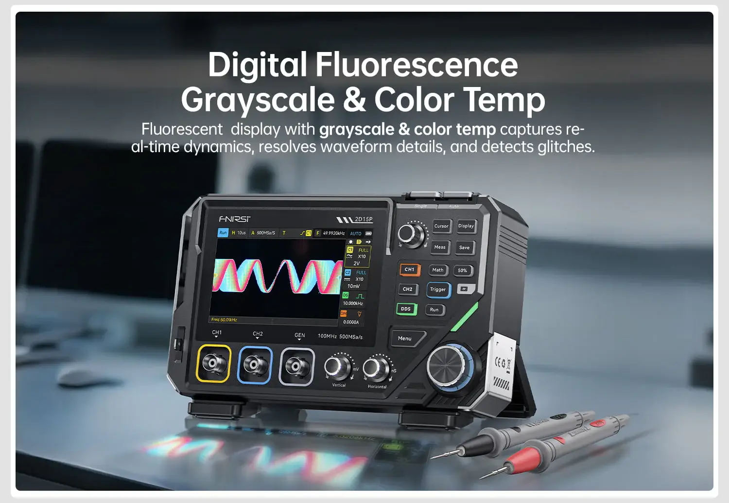 Máy đo hiện sóng FNIRSI® 2D15P 3-in-1 Benchtop 2CH 100MHz Phosphor Oscilloscope Multimeter