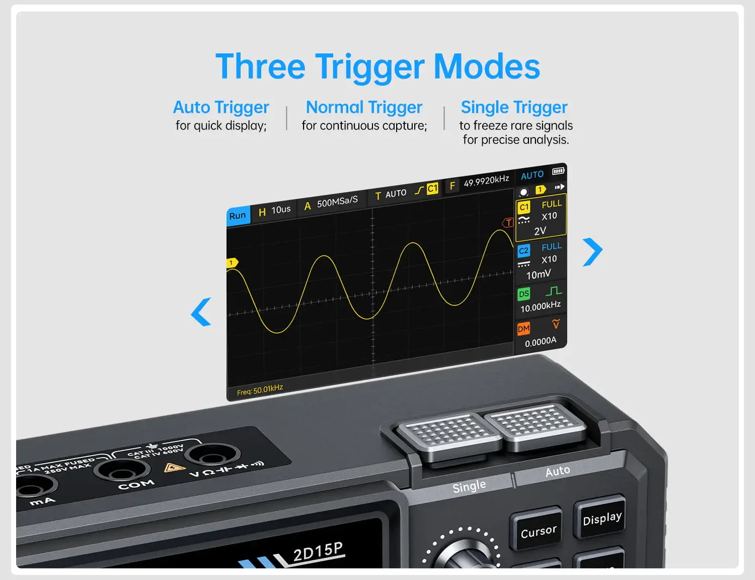 Máy đo hiện sóng FNIRSI® 2D15P 3-in-1 Benchtop 2CH 100MHz Phosphor Oscilloscope Multimeter