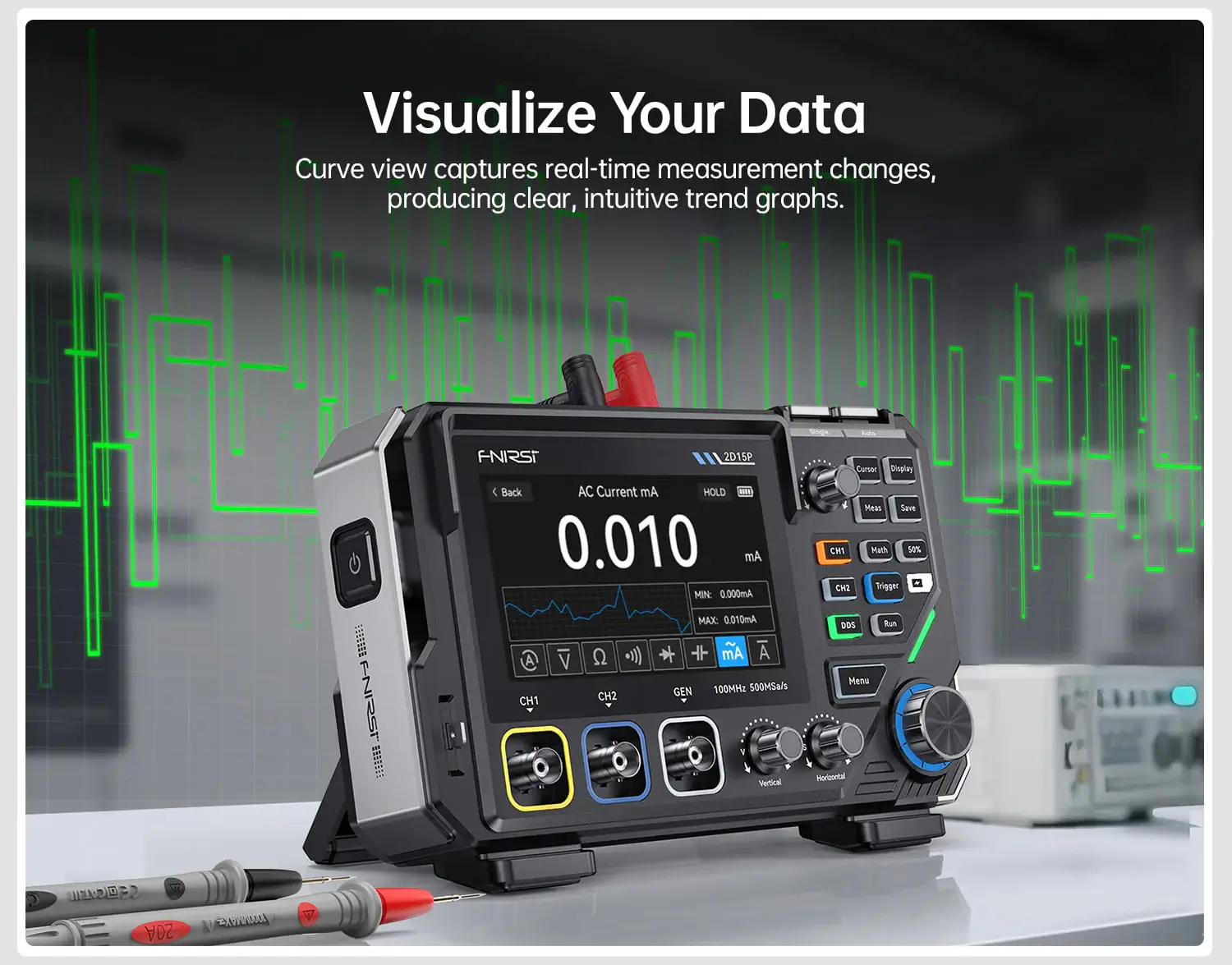 Máy đo hiện sóng FNIRSI® 2D15P 3-in-1 Benchtop 2CH 100MHz Phosphor Oscilloscope Multimeter