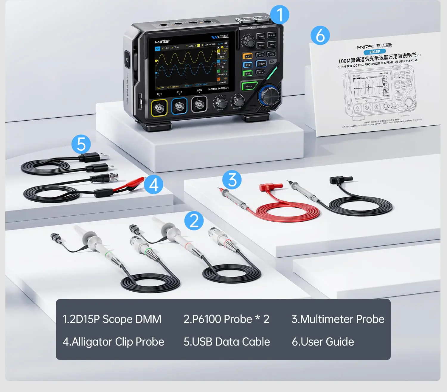 Máy đo hiện sóng FNIRSI® 2D15P 3-in-1 Benchtop 2CH 100MHz Phosphor Oscilloscope Multimeter