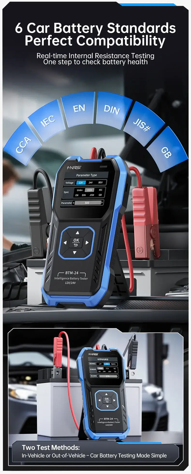 Máy kiểm tra ắc quy ô tô FNIRSI® BTM-24 2000A CCA Multi-Function 12V/24V Car Battery Tester