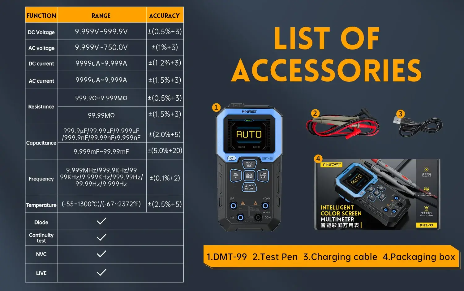 Máy đo đa năng FNIRSI® DMT-99 Intelligent Color Screen Digital Multi Meter