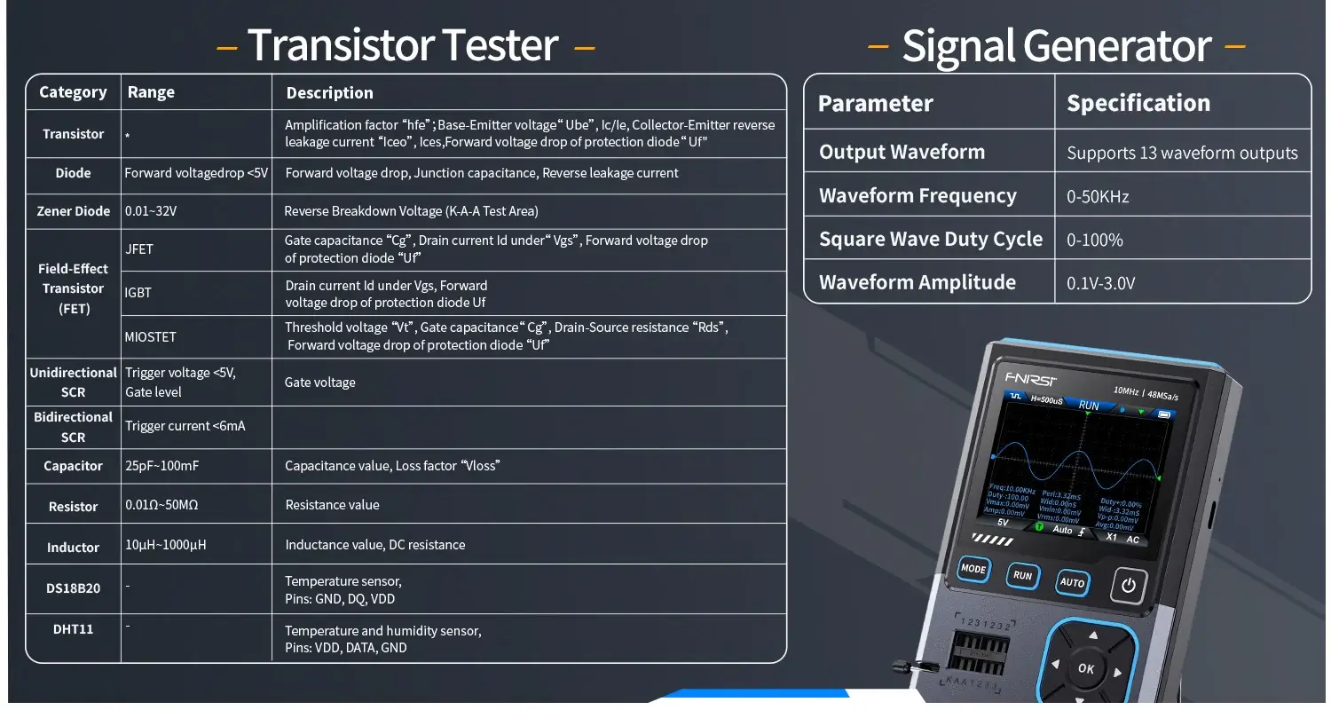Máy đo hiện sóng FNIRSI® DSO-TC4 3-IN-1 Digital Oscilloscope + Transistor Tester + Signal Generator