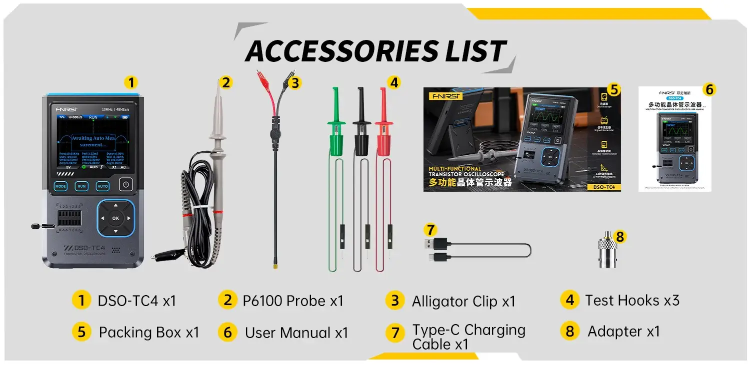 Máy đo hiện sóng FNIRSI® DSO-TC4 3-IN-1 Digital Oscilloscope + Transistor Tester + Signal Generator
