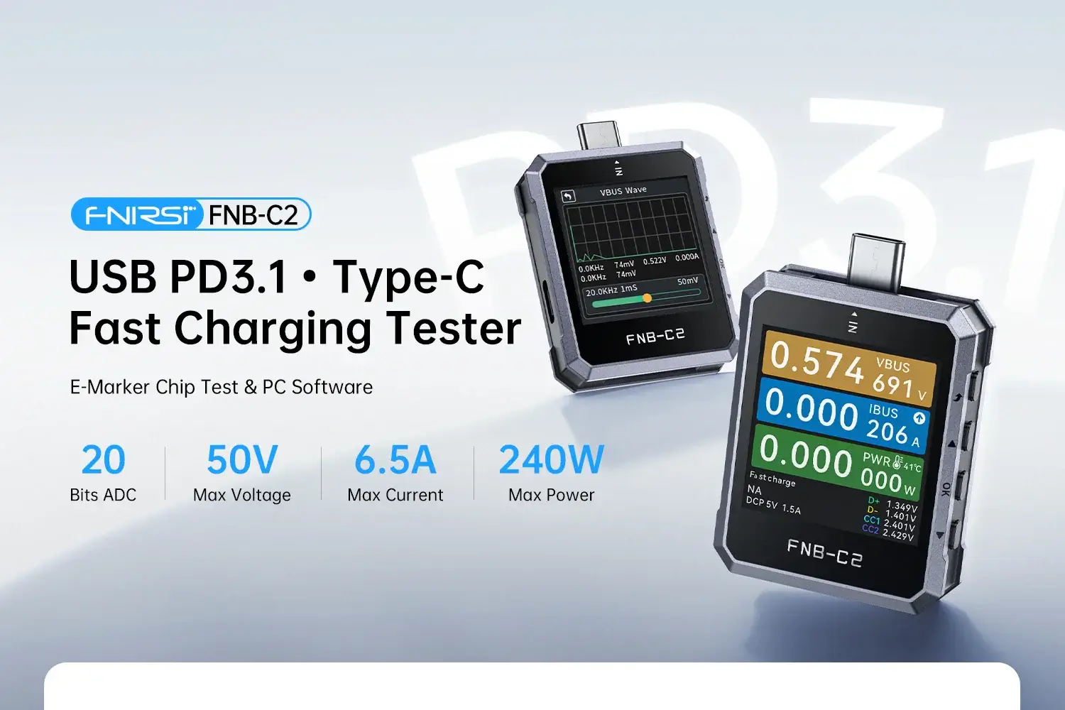 Đo dòng áp, công suất cổng USB đa năng FNIRSI® FNB-C2 USB PD 3.1 Type-C Fast Charging Tester