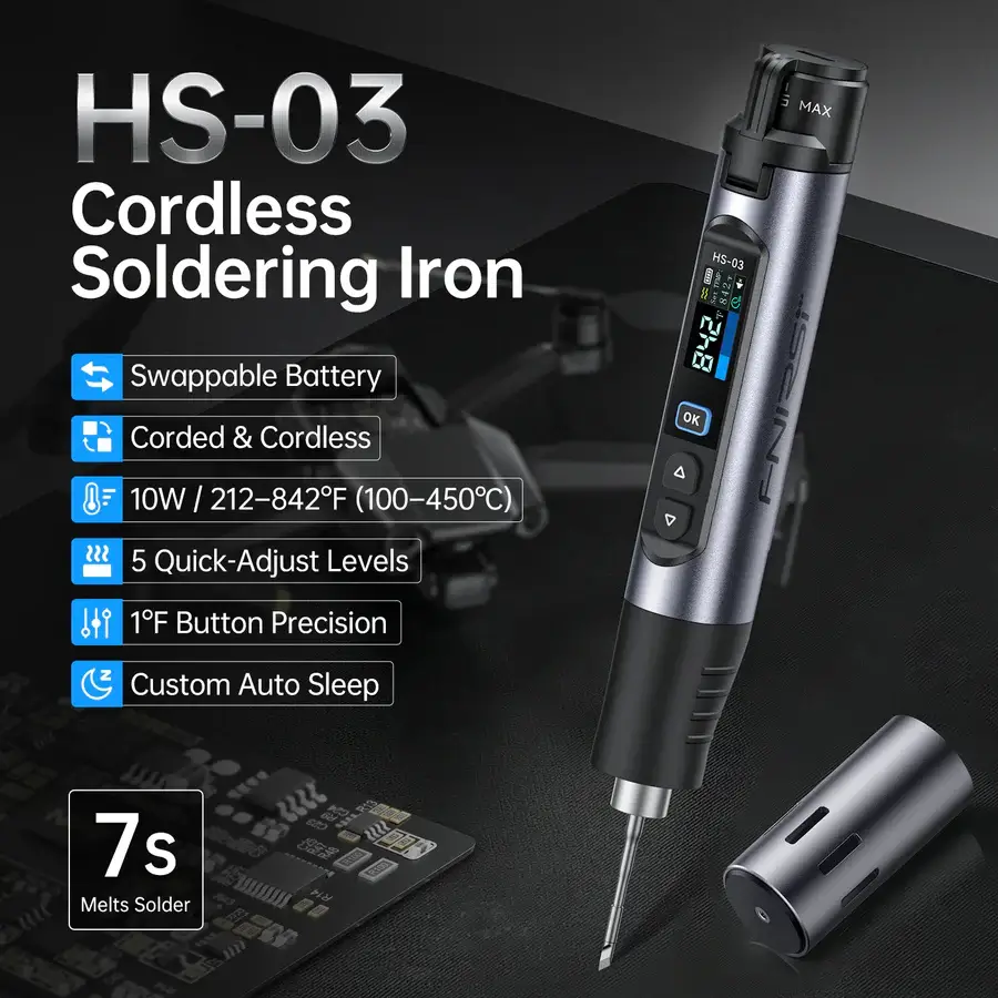 Mỏ hàn dùng pin FNIRSI® HS-03 Cordless Soldering Iron, 18650 Removable Battery, USB-C, 212–842℉