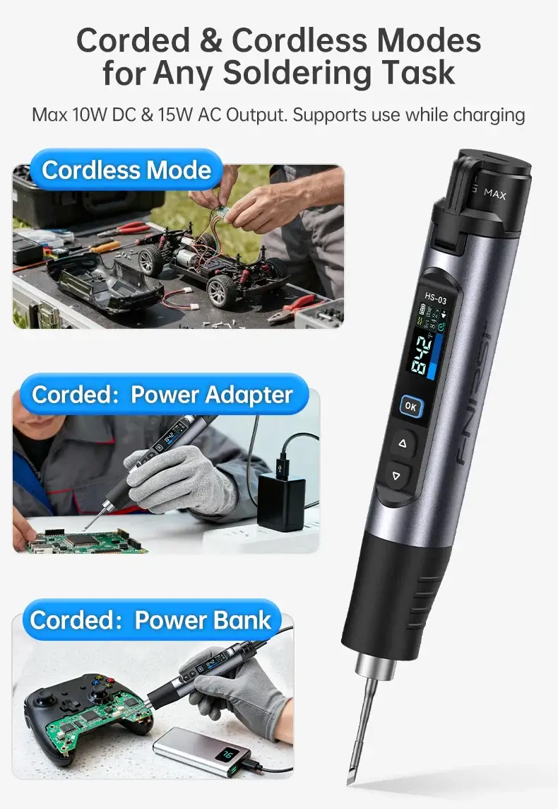 Mỏ hàn dùng pin FNIRSI® HS-03 Cordless Soldering Iron, 18650 Removable Battery, USB-C, 212–842℉