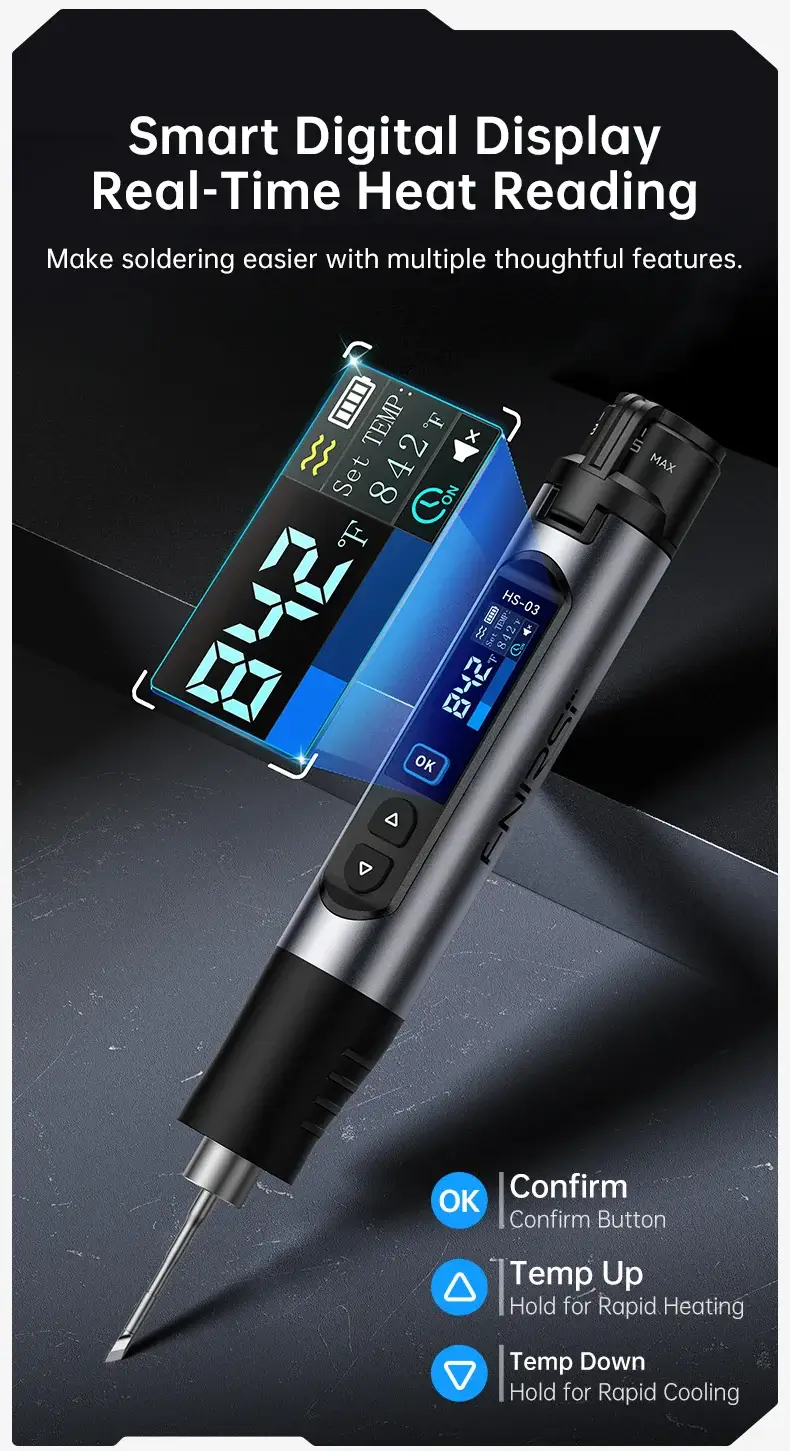Mỏ hàn dùng pin FNIRSI® HS-03 Cordless Soldering Iron, 18650 Removable Battery, USB-C, 212–842℉