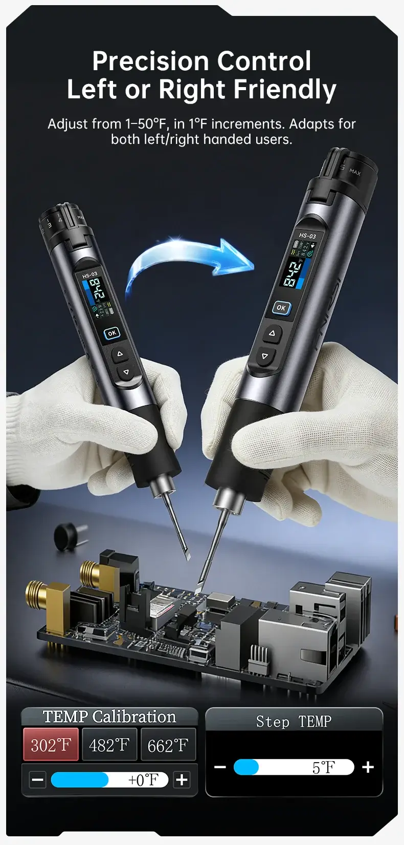 Mỏ hàn dùng pin FNIRSI® HS-03 Cordless Soldering Iron, 18650 Removable Battery, USB-C, 212–842℉