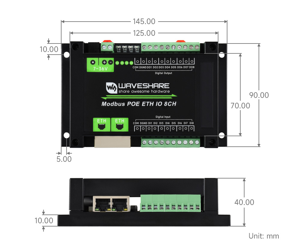 Waveshare Industrial 8-Ch Ethernet Digital Input/Output Module, Modbus RTU / TCP Protocol, Supports PoE Power Supply