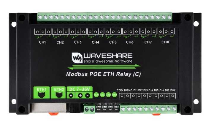 Waveshare Dual Ethernet Ports 8-ch Relay Module (C), Modbus RTU Protocol, PoE Power Supply