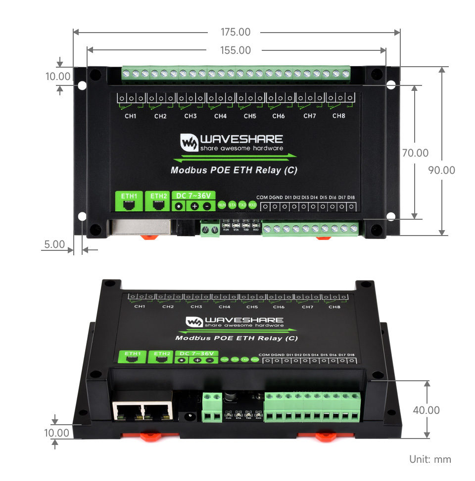 Waveshare Dual Ethernet Ports 8-ch Relay Module (C), Modbus RTU Protocol, PoE Power Supply