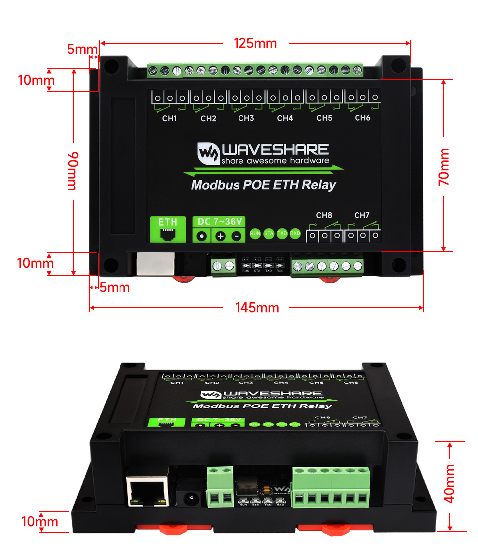 Waveshare 8-ch Ethernet Relay Module, Modbus RTU/Modbus TCP Protocol, PoE port Communication