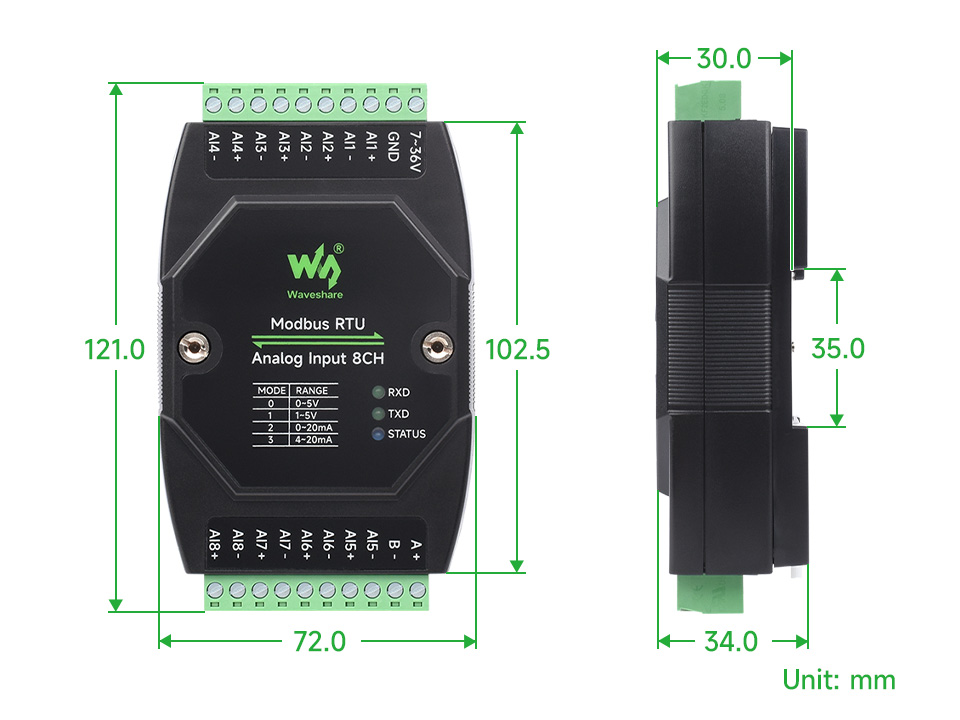 Waveshare Industrial 8-Ch Analog Acquisition Module, 12-bit High-precision, Supports Voltage And Current Acquisition