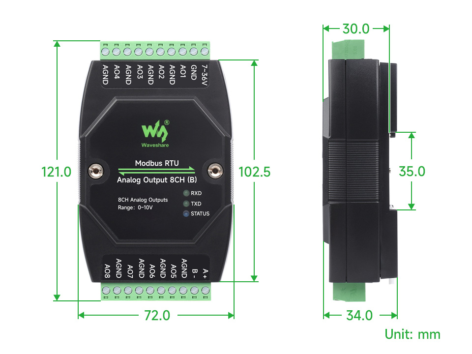 Waveshare Industrial 8-Ch Analog Output Module (B), 12-bit DA Conversion, Supports 8-ch Simultaneous Voltage Output, RS485 Modbus RTU Protocol