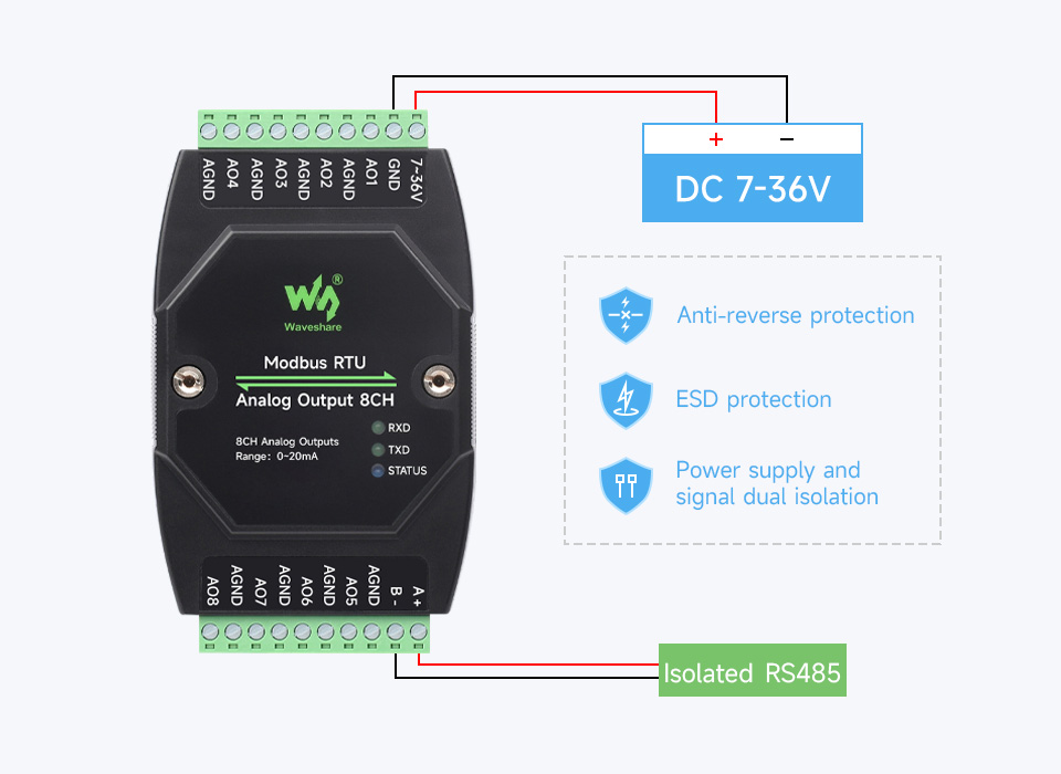 Waveshare Industrial 8-Ch Analog Output Module, 12-bit DA Conversion, Supports 8-ch Simultaneous Current Output, RS485 Modbus RTU Protocol