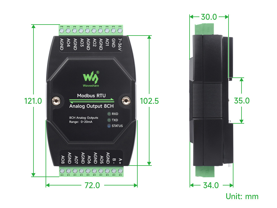 Waveshare Industrial 8-Ch Analog Output Module, 12-bit DA Conversion, Supports 8-ch Simultaneous Current Output, RS485 Modbus RTU Protocol