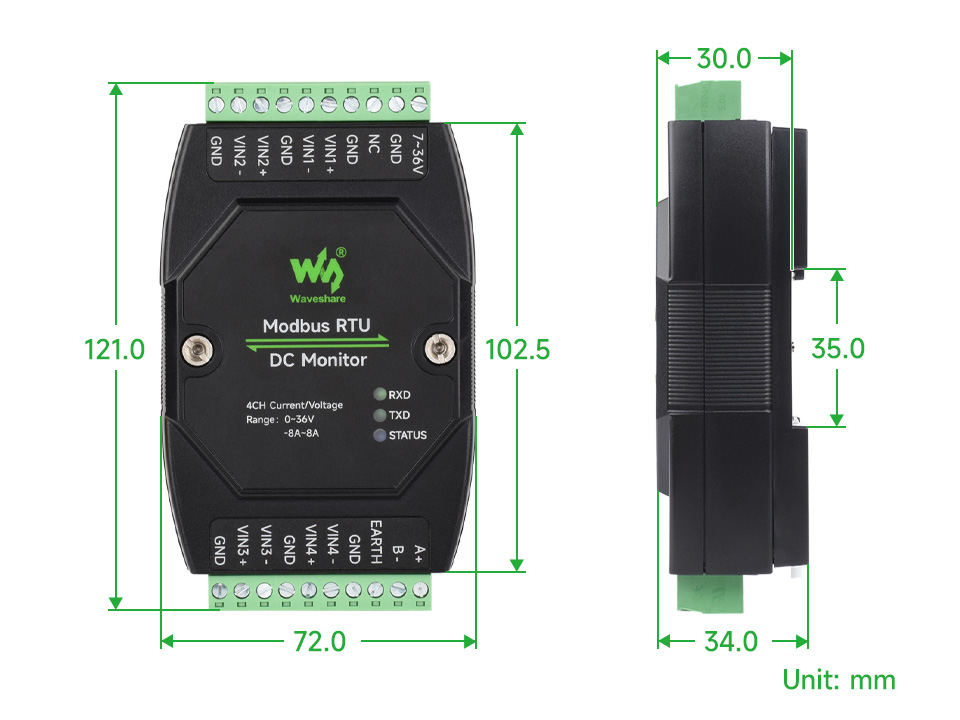 Waveshare Industrial 4-Ch DC Monitoring Module, 16-bit High-Precision Acquisition, RS485 Modbus RTU Protocol