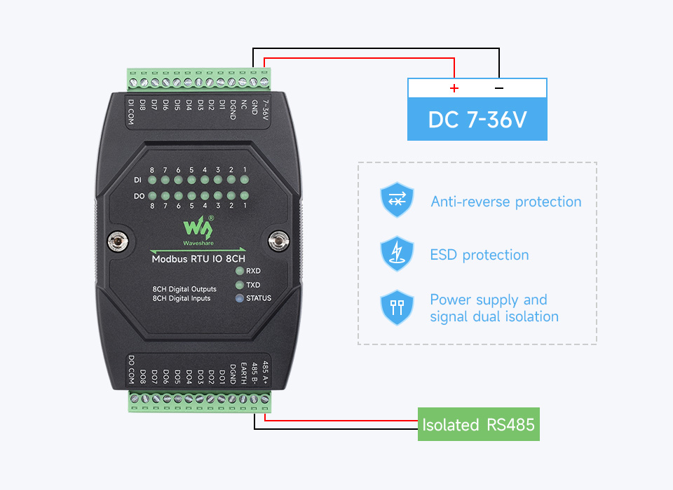 Waveshare Industrial 8-Ch Digital Input & Output Module, RS485 Modbus RTU Protocol