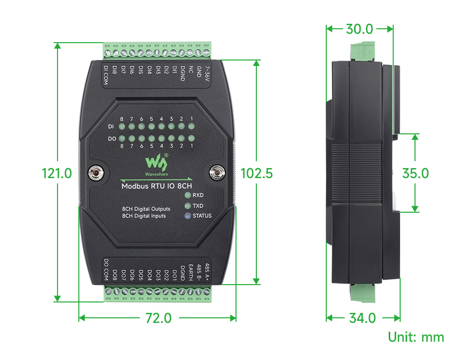 Waveshare Industrial 8-Ch Digital Input & Output Module, RS485 Modbus RTU Protocol