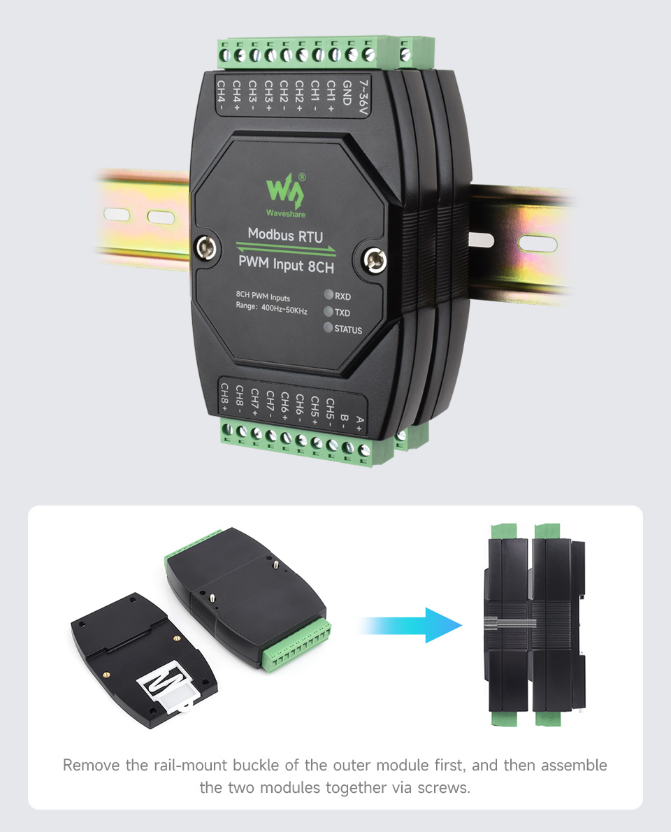 Waveshare Industrial 8-Ch PWM Input Module, Isolated RS485 Modbus RTU Protocol