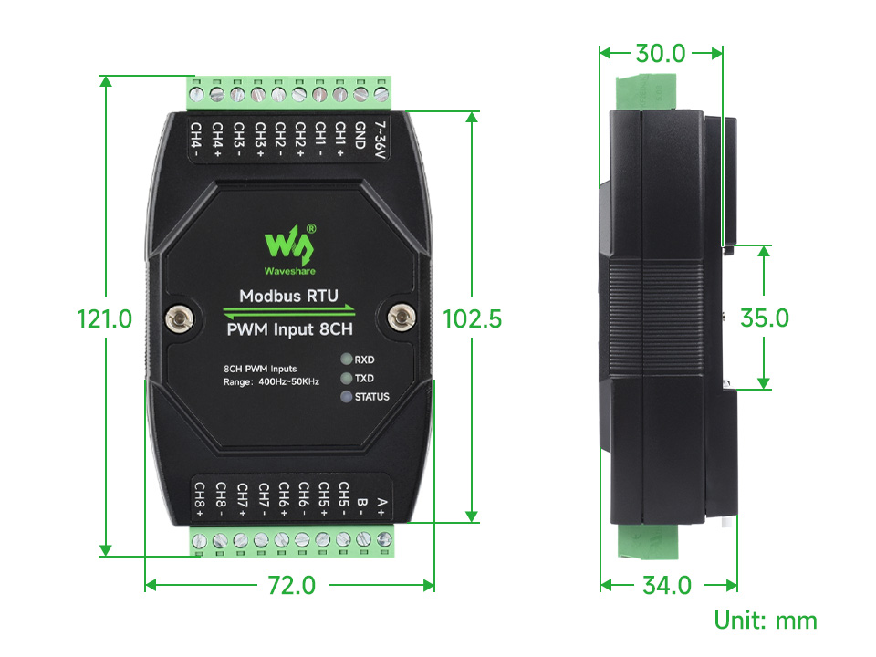 Waveshare Industrial 8-Ch PWM Input Module, Isolated RS485 Modbus RTU Protocol