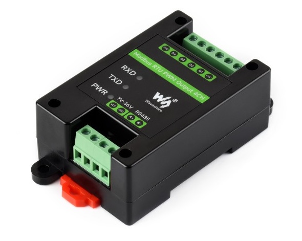 Waveshare Industrial 4-Ch PWM Output Module, Modbus RTU Protocol, Isolated RS485 Interface, Adjustable Frequency and Duty Cycle