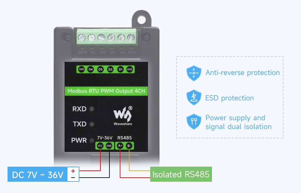 Waveshare Industrial 4-Ch PWM Output Module, Modbus RTU Protocol, Isolated RS485 Interface, Adjustable Frequency and Duty Cycle