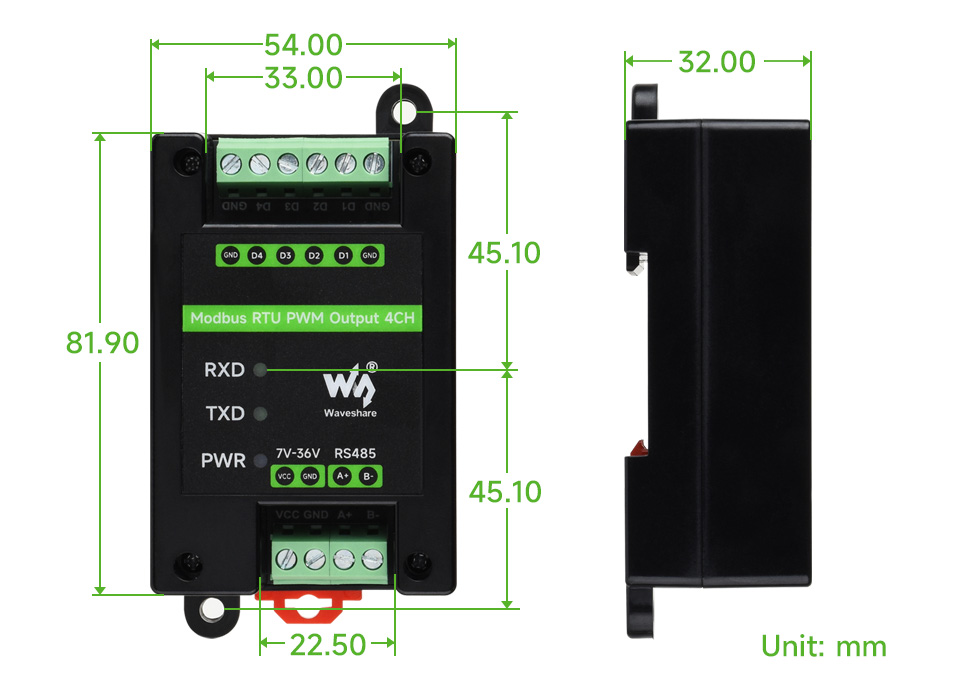 Waveshare Industrial 4-Ch PWM Output Module, Modbus RTU Protocol, Isolated RS485 Interface, Adjustable Frequency and Duty Cycle