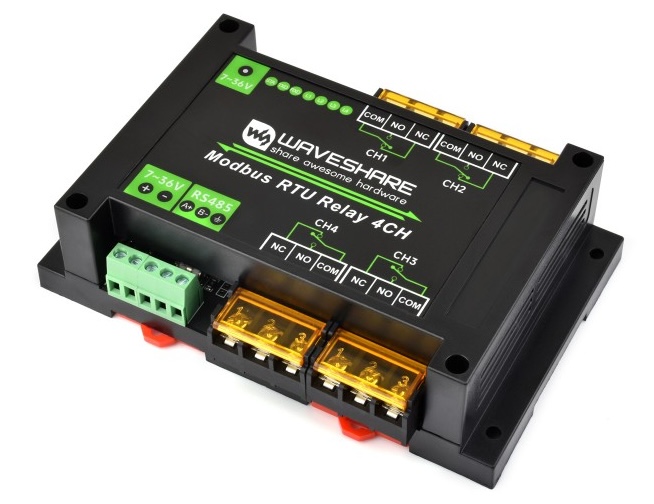 Waveshare Industrial Modbus RTU 4-ch High Current Relay Module with RS485 Interface, Onboard LED Indicators, Multi Isolation Protection Circuits