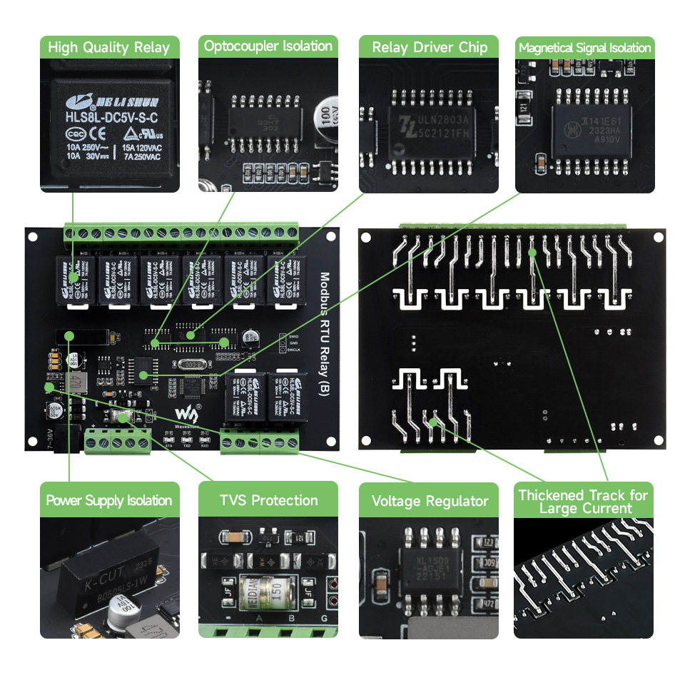 Waveshare Industrial Modbus RTU 8-ch Relay Module (B) with RS485 Interface, Multi Isolation Protection Circuits, 7~36V Power Supply