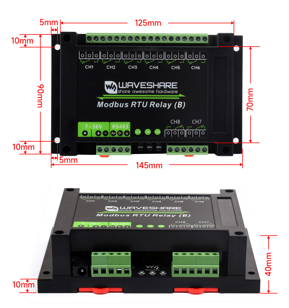 Waveshare Industrial Modbus RTU 8-ch Relay Module (B) with RS485 Interface, Multi Isolation Protection Circuits, 7~36V Power Supply
