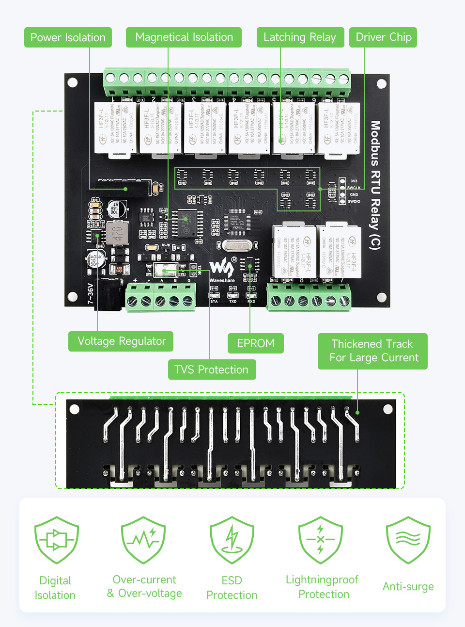Waveshare Modbus RTU 8-ch Latching Relay Module (C) with RS485 Interface, Multi Isolation Protection Circuits