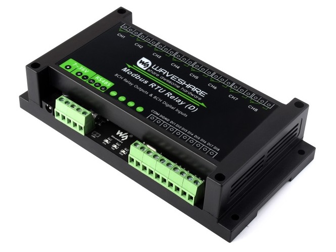 Waveshare Industrial Modbus RTU 8-ch Relay Module (D) With Digital Input and RS485 Interface, 7~36V Power Supply