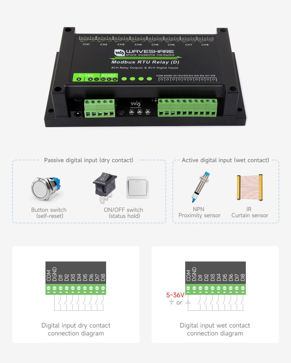 Waveshare Industrial Modbus RTU 8-ch Relay Module (D) With Digital Input and RS485 Interface, 7~36V Power Supply